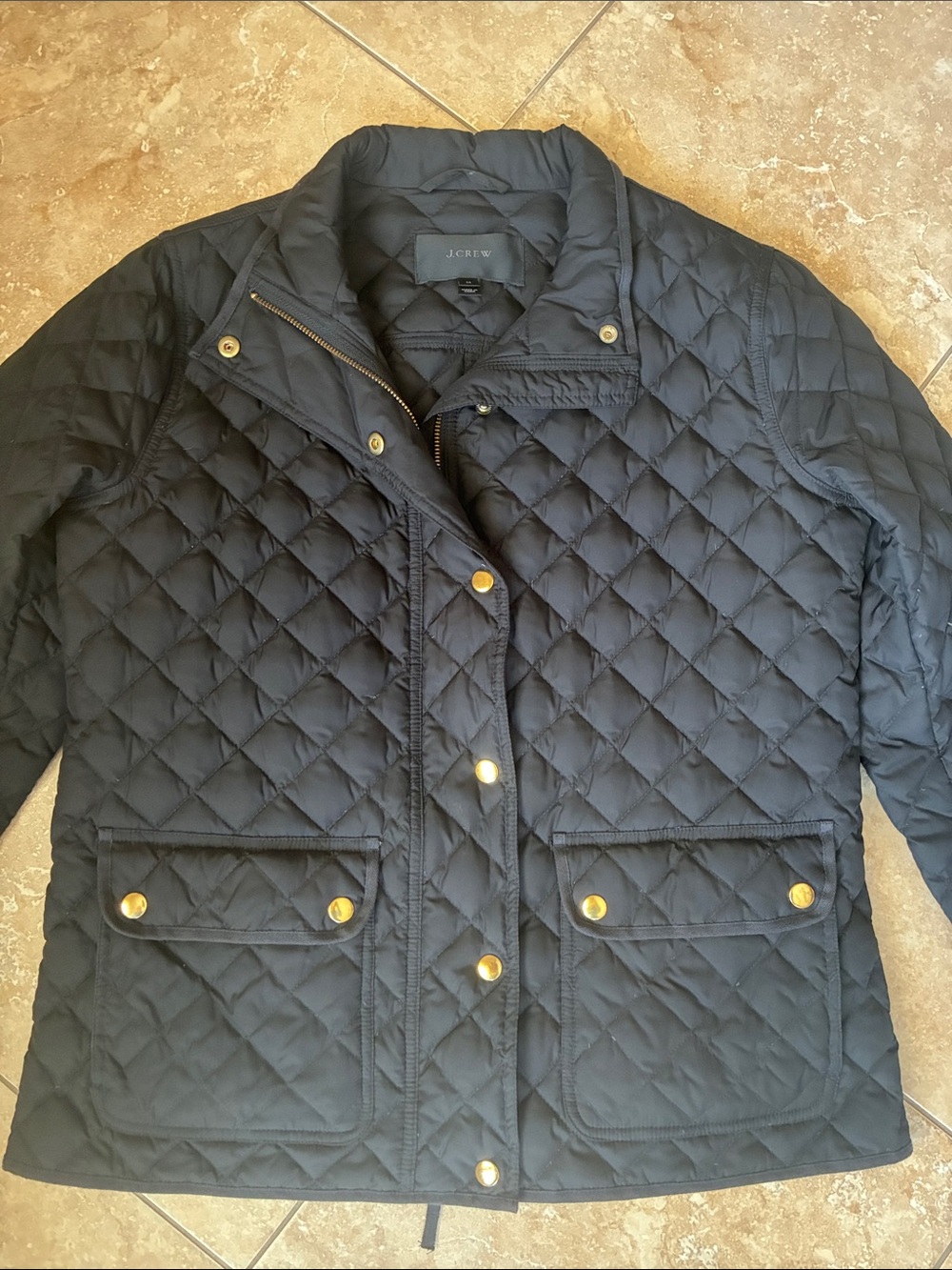 J. Crew Black Quilted Puffer Jacket with Gold-Tone Buttons
